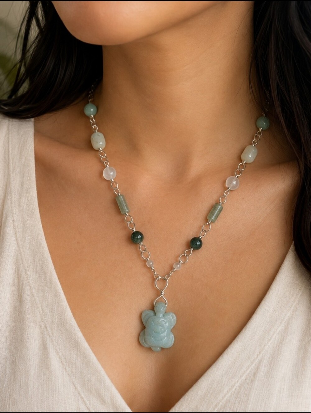Carved amazonite turtle necklace jadite, adventurine, and agate